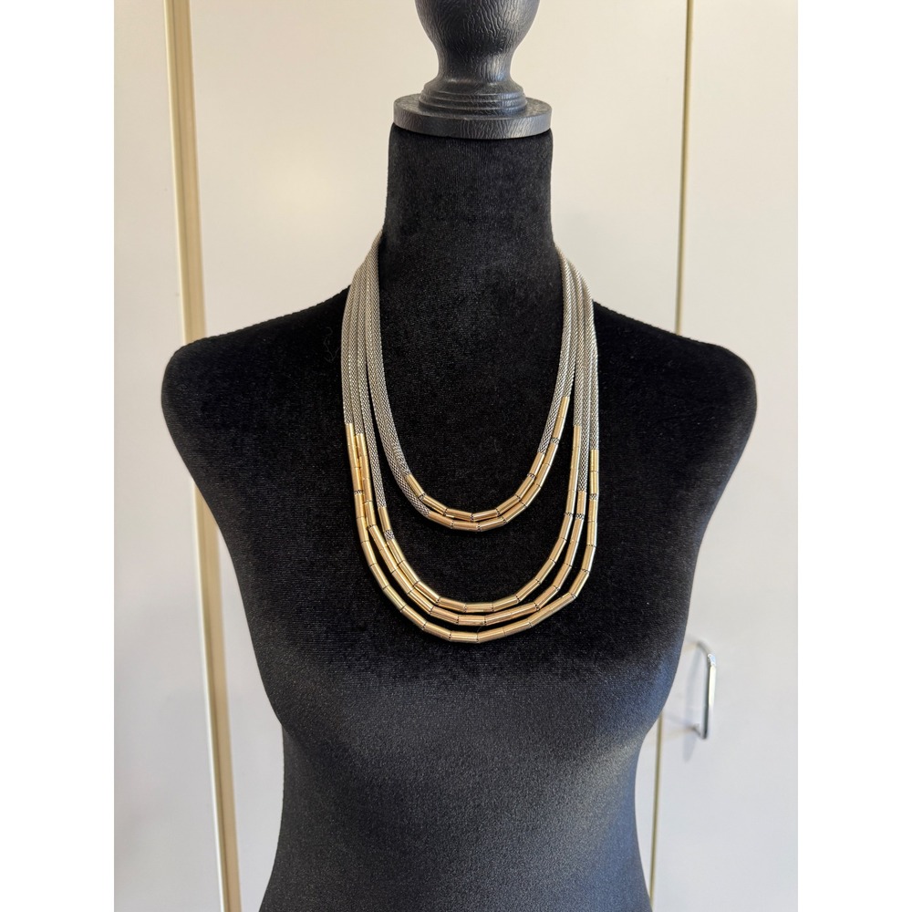 Two Tone Multi Strand Layered Mesh Chain Gold Silver Tone Statement Necklace